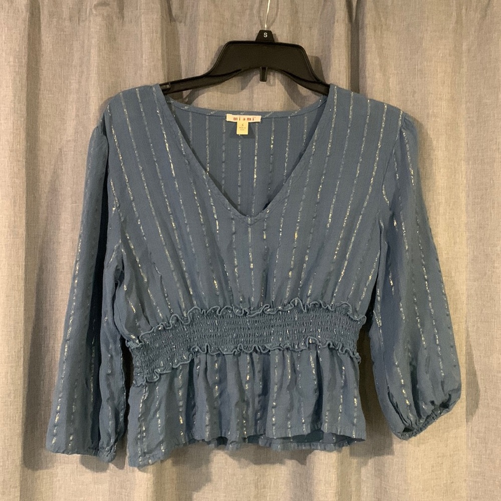 Miami long sleeve, dark blue top with gold stripes
